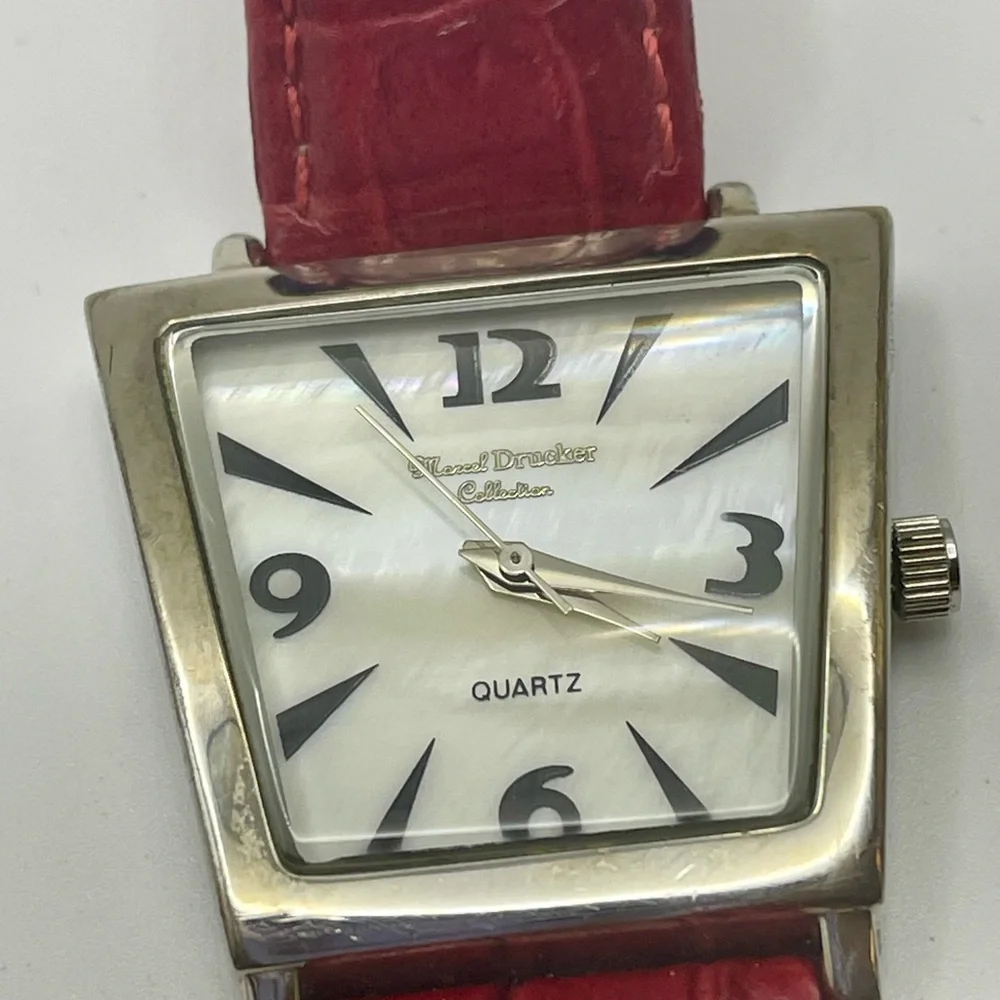 Vintage Marcel Druker Trapezoid Mother of Pearl Dial Quartz Watch w/ Red Band